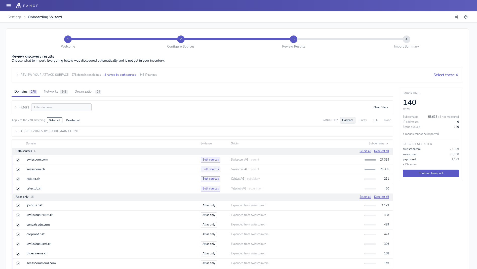Panop onboarding wizard reviewing discovery results: 278 domain candidates grouped by evidence, with 140 zones selected for import