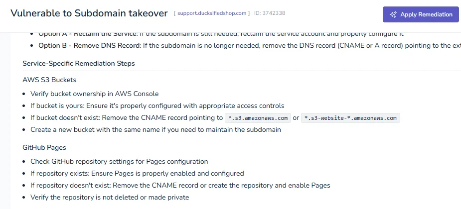 Remediation steps for a subdomain takeover, including reclaim or remove DNS and service-specific actions